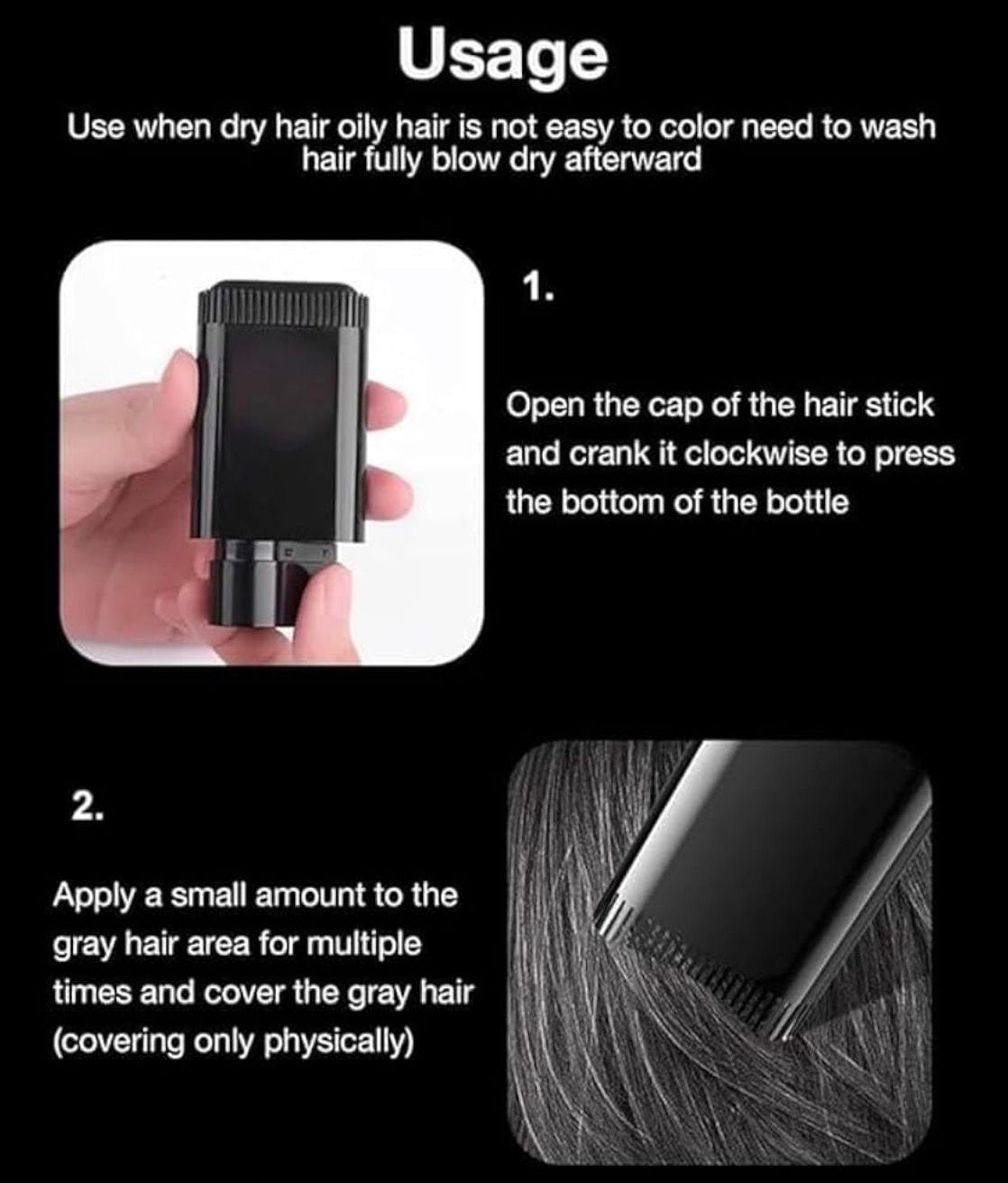 Instant Hair Color Touch-Up Stick | White & Grey Hair Cover in Seconds | Waterproof, Sweat-Proof (Black)