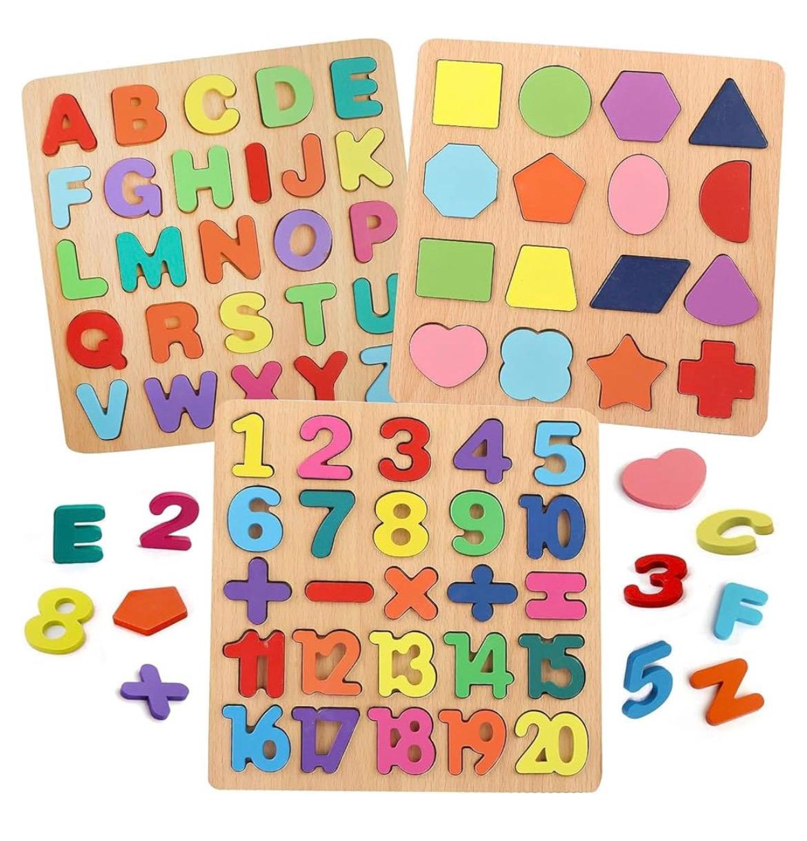 Wooden 3D Alphabet, Numbers & Shapes Puzzle Board | Montessori Learning Toy for Kids (3-in-1 Educational Set)