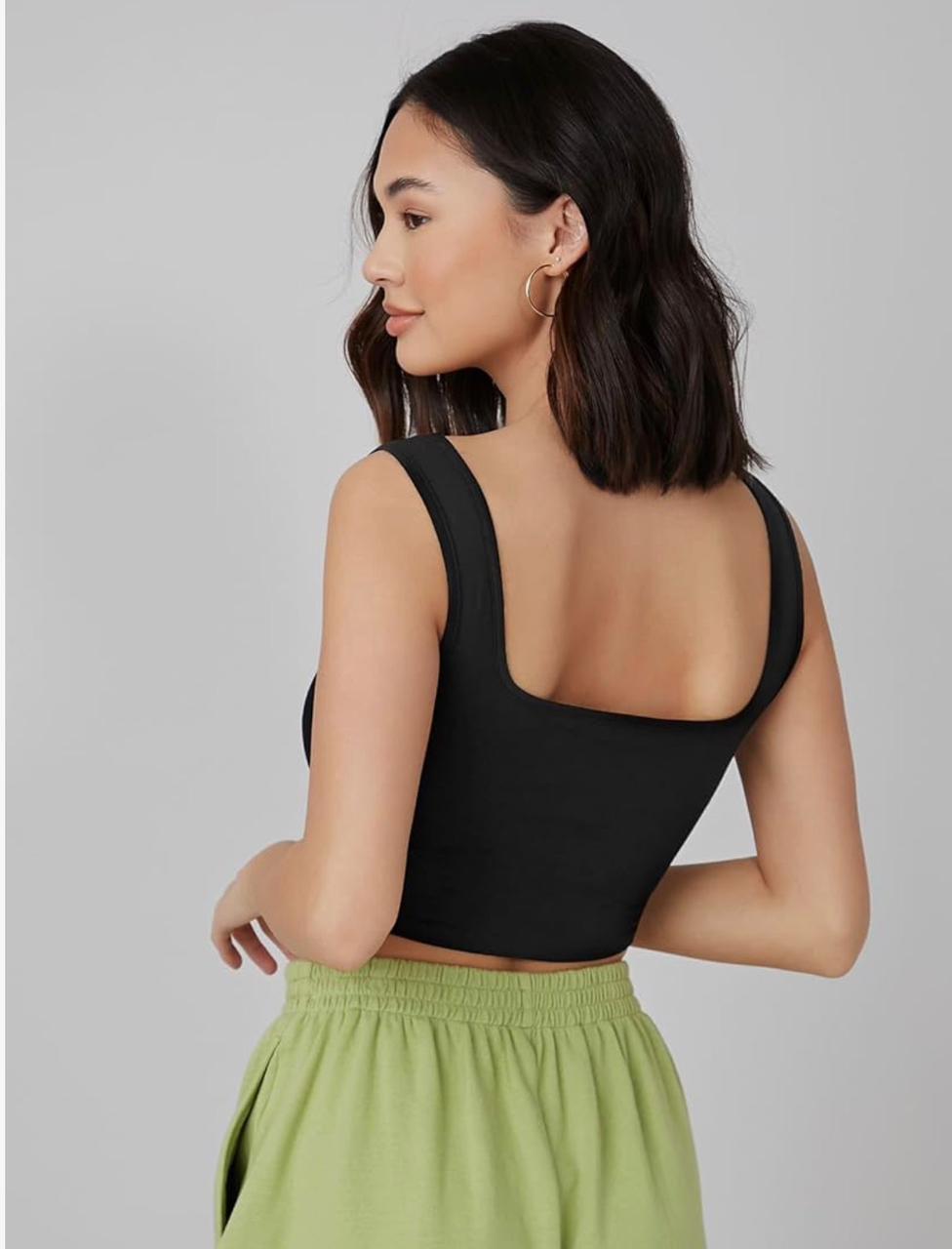 Women’s Ribbed Square Neck Crop Top Combo (Black + White) | Slim Fit Stretch Tank Set of 2