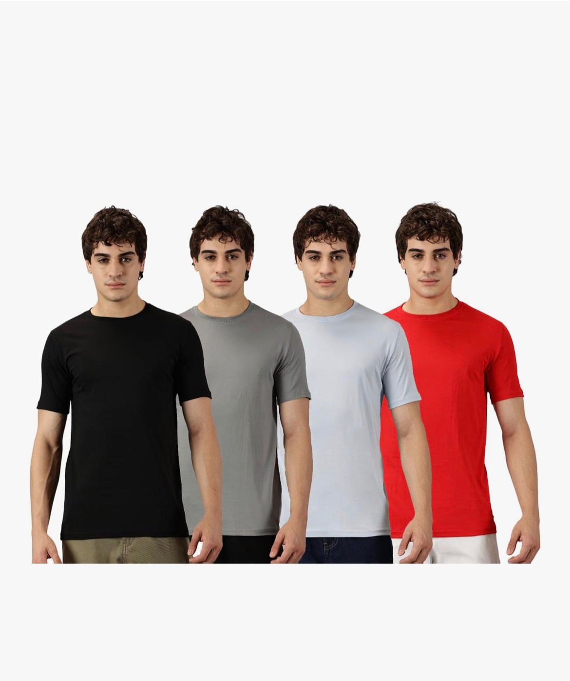 Men’s Solid Round Neck T-Shirt Combo Pack of 4 | Regular Fit Cotton Blend (Light Grey, Sky Blue, Dark Grey, White)