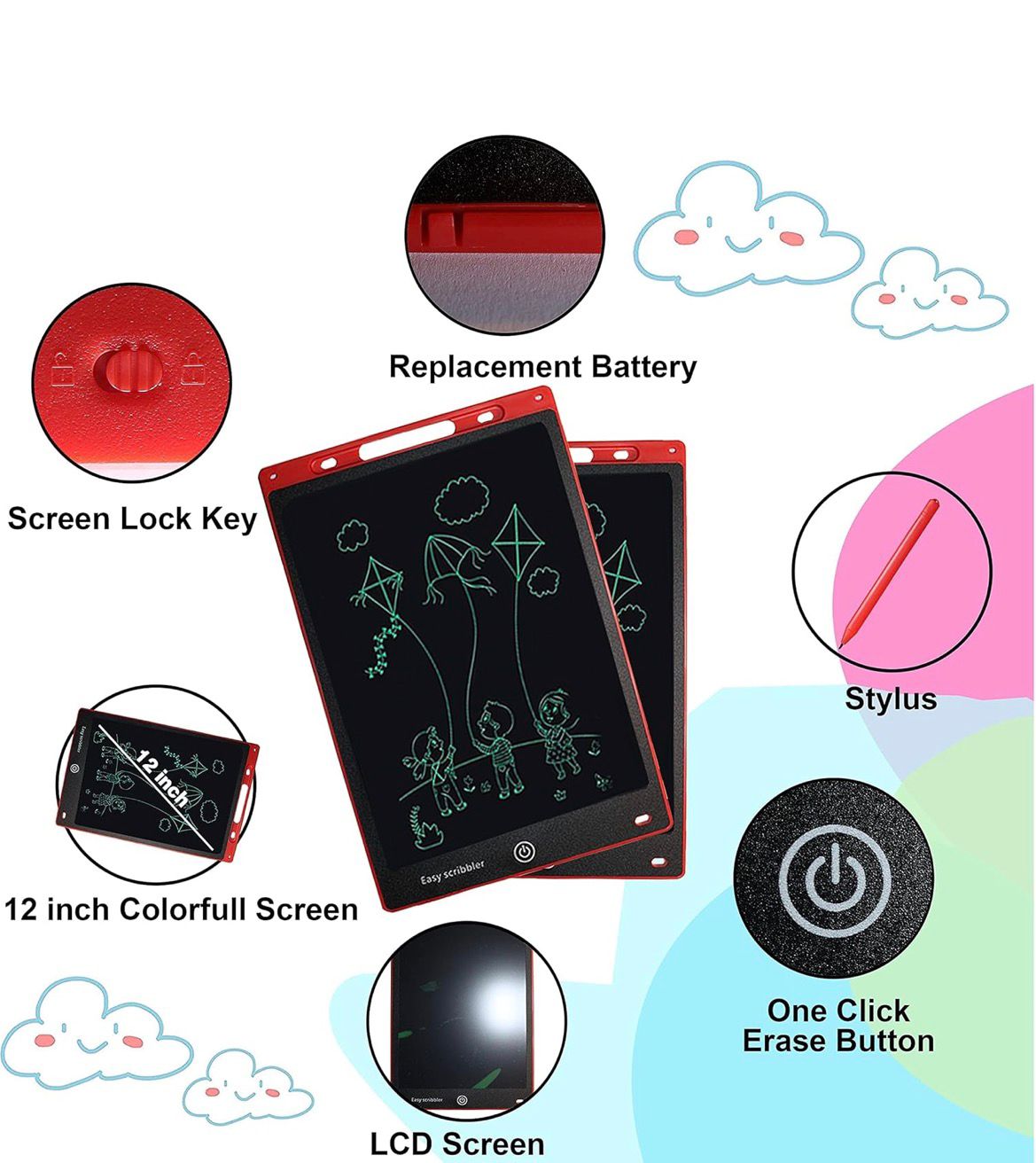 12 Inch LCD Writing Tablet for Kids | Reusable Magic Slate Doodle Board with Stylus | Paperless Drawing & Learning Pad