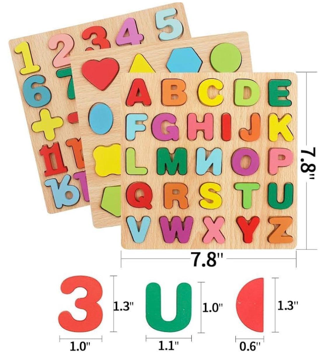 Wooden 3D Alphabet, Numbers & Shapes Puzzle Board | Montessori Learning Toy for Kids (3-in-1 Educational Set)