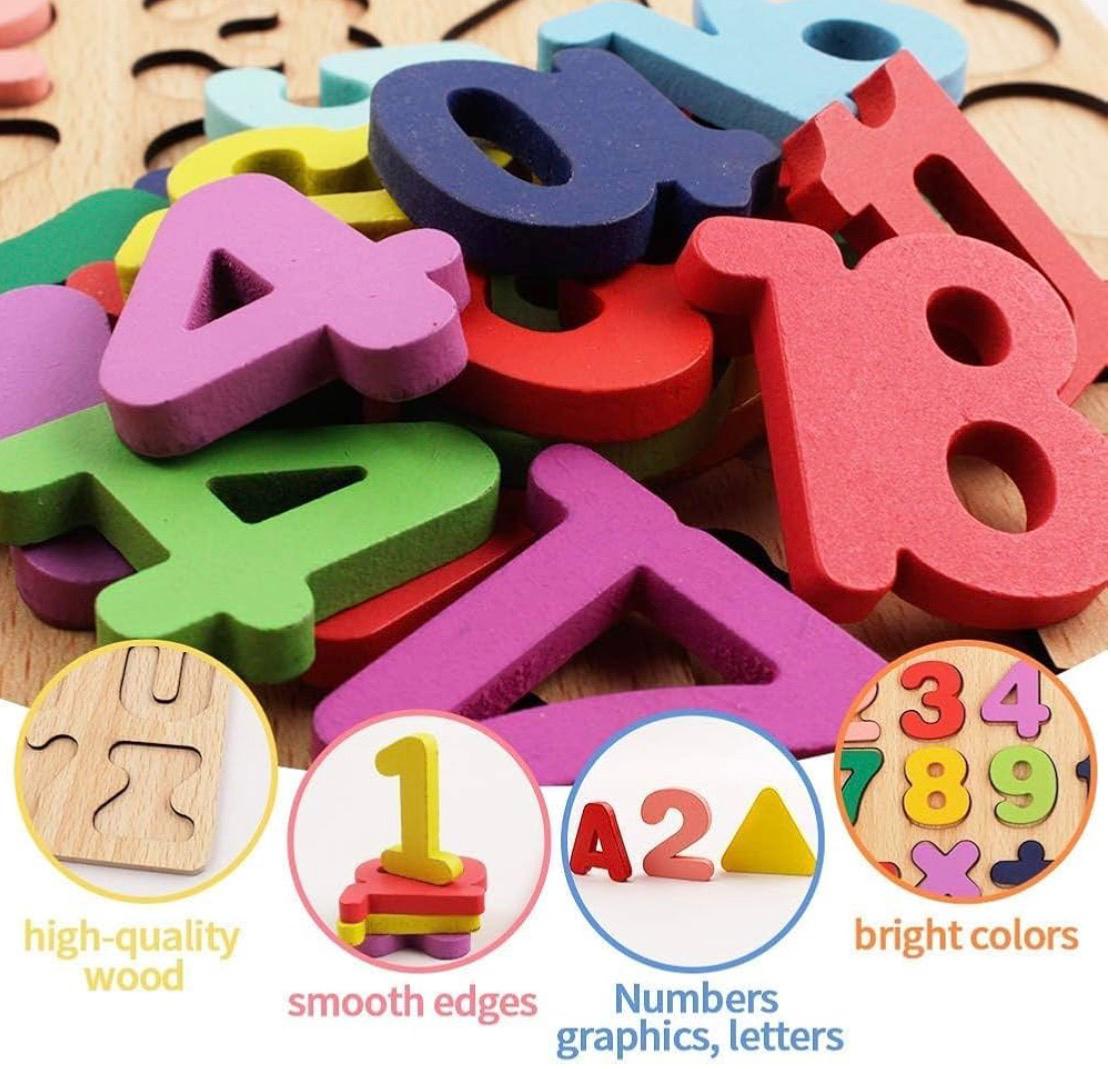 Wooden 3D Alphabet, Numbers & Shapes Puzzle Board | Montessori Learning Toy for Kids (3-in-1 Educational Set)