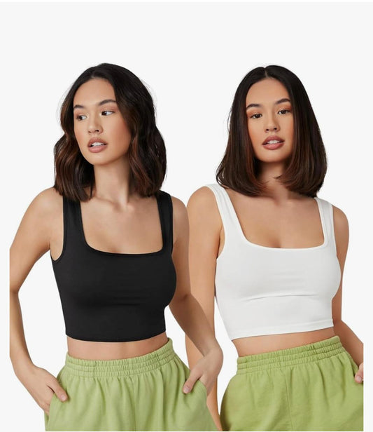 Women’s Ribbed Square Neck Crop Top Combo (Black + White) | Slim Fit Stretch Tank Set of 2