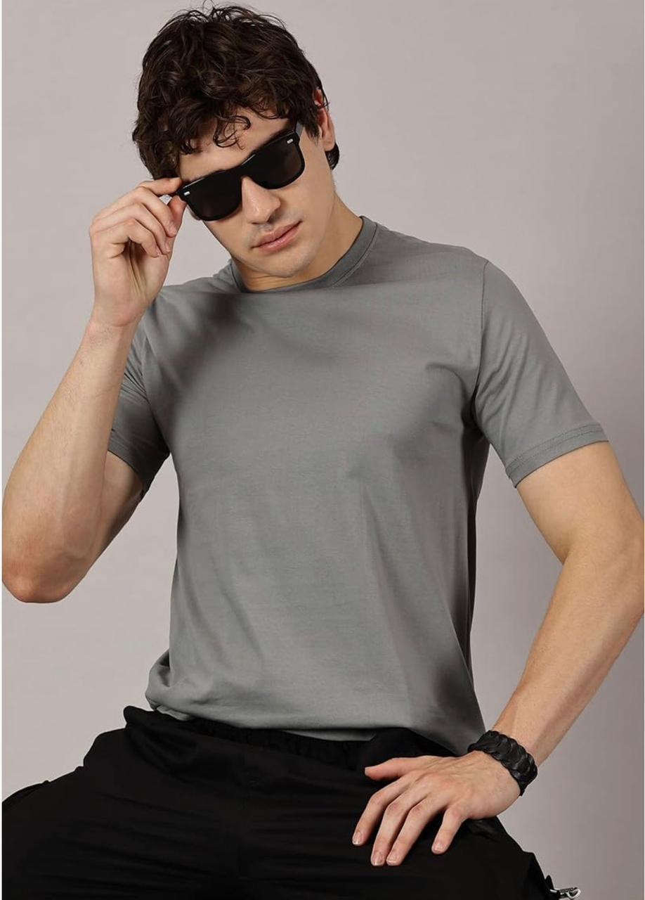 Men’s Solid Round Neck T-Shirt Combo Pack of 4 | Regular Fit Cotton Blend (Light Grey, Sky Blue, Dark Grey, White)